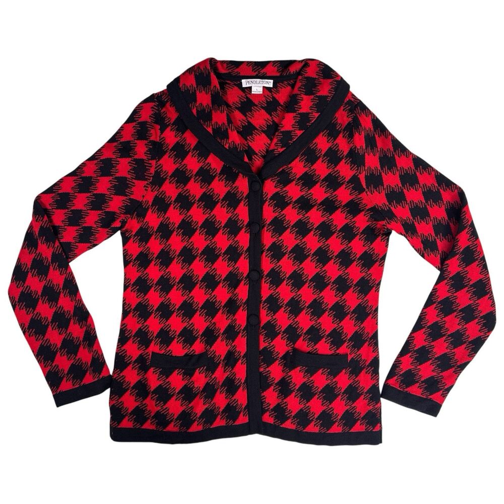 Pendleton Women's Size Large Red Black Plaid Sweater Cardigan Preppy Merino Wool